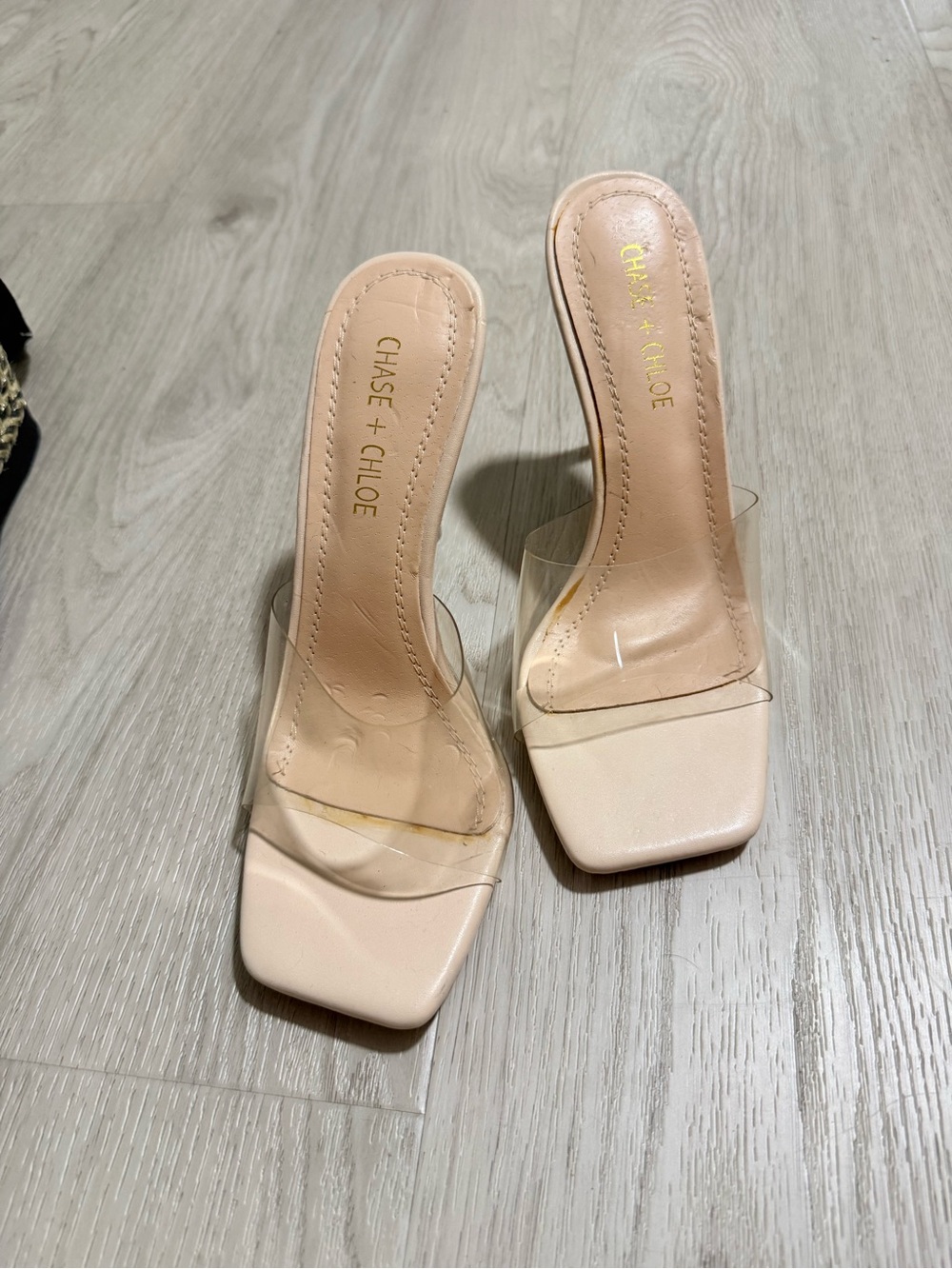 Chase + Chloe Nude Clear Strap Square Toe Slide Mules